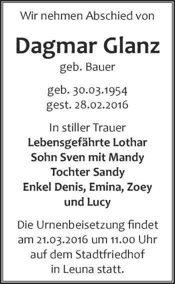 Traueranzeige von Dagmar Glanz von Super Sonntag Merseburg