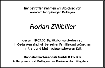 Traueranzeige von Florian Zillibiller von Mitteldeutsche Zeitung