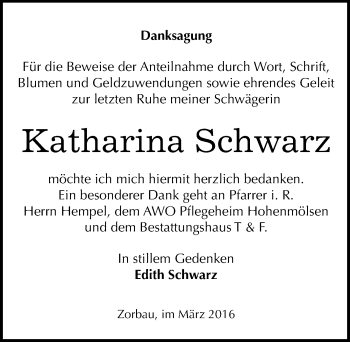Traueranzeige von Katharina Schwarz von Mitteldeutsche Zeitung Weißenfels