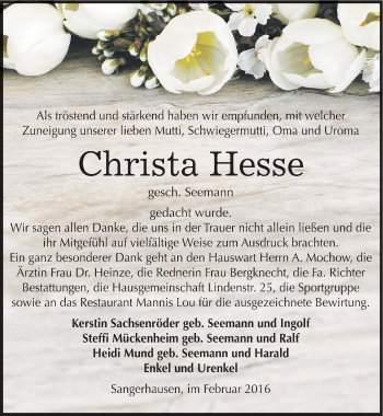 Traueranzeige von Christa Hesse von Mitteldeutsche Zeitung Sangerhausen