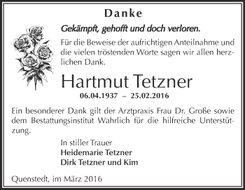 Traueranzeige von Hartmut Tetzner von Wochenspiegel Mansfelder Land