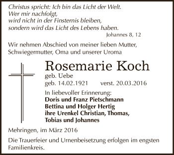 Traueranzeige von Rosemarie Koch von Super Sonntag Aschersleben