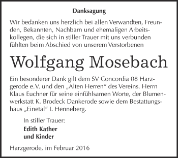 Traueranzeige von Wolfgang Mosebach von Super Sonntag Quedlinburg