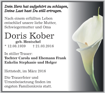 Traueranzeige von Doris Kober von Wochenspiegel Mansfelder Land