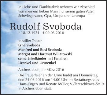 Traueranzeige von Rudolf Svoboda von Super Sonntag Aschersleben