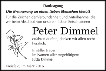 Traueranzeige von Peter Dimmel von Wochenspiegel Mansfelder Land