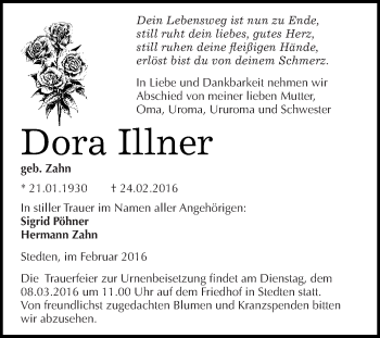 Traueranzeige von Dora Illner von Wochenspiegel Mansfelder Land