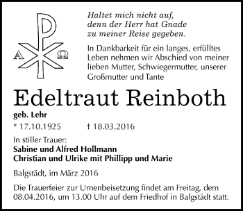 Traueranzeige von Edeltraut Reinboth von Mitteldeutsche Zeitung Naumburg/Nebra