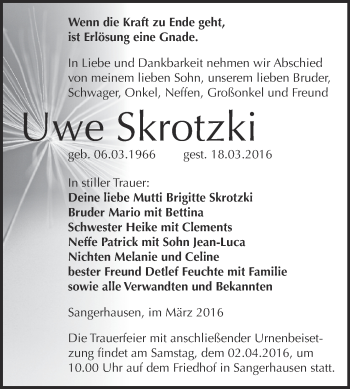 Traueranzeige von Uwe Skrotzki von Super Sonntag SGH Mansf. Land