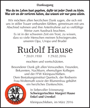 Traueranzeige von Rudolf Hause von Mitteldeutsche Zeitung Köthen