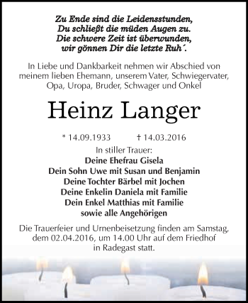 Traueranzeige von Heinz Langer von WVG - Wochenspiegel Dessau / Köthen