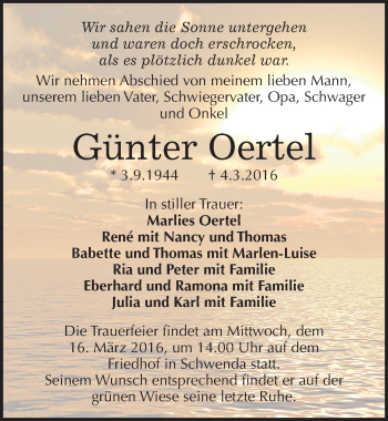 Traueranzeige von Günter Oertel von Mitteldeutsche Zeitung Sangerhausen