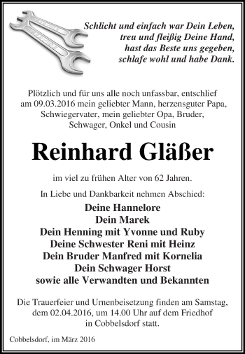 Traueranzeige von Reinhard Gläßer von WVG - Wochenspiegel Dessau / Köthen