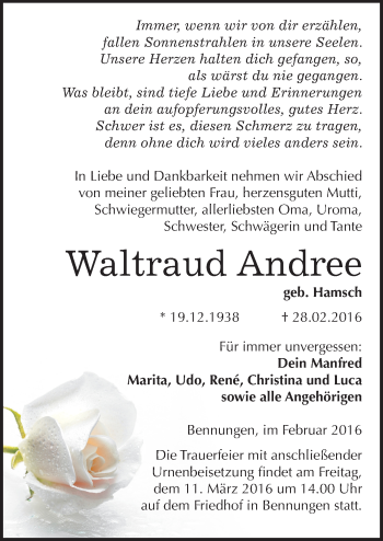 Traueranzeige von Waltraud Andree von Mitteldeutsche Zeitung Sangerhausen