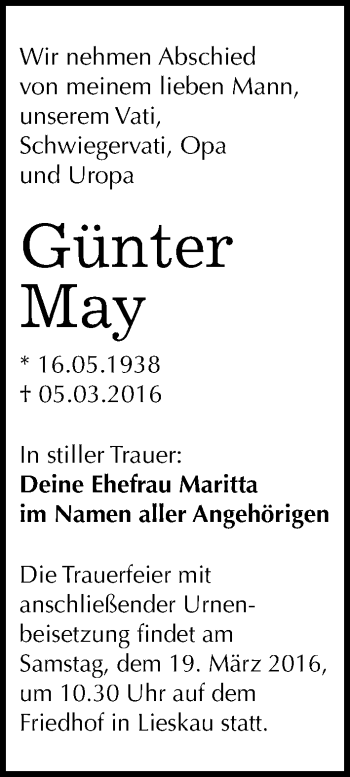Traueranzeige von Günter May von Mitteldeutsche Zeitung Halle/Saalkreis