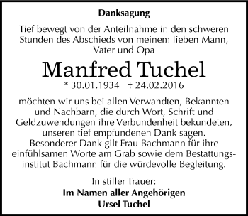 Traueranzeige von Manfred Tuchel von Mitteldeutsche Zeitung Dessau-Roßlau