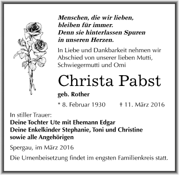 Traueranzeige von Christa Pabst von Mitteldeutsche Zeitung Merseburg/Querfurt