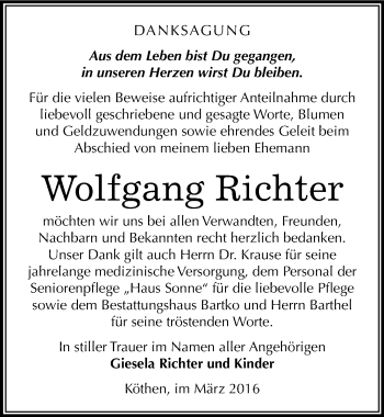 Traueranzeige von Wolfgang Richter von Mitteldeutsche Zeitung Köthen