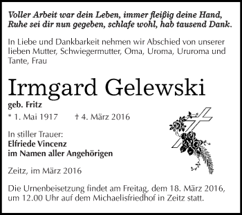 Traueranzeige von Irmgard Gelewski von Super Sonntag Zeitz