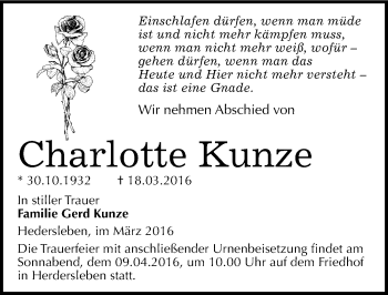 Traueranzeige von Charlotte Kunze von Mitteldeutsche Zeitung Quedlinburg