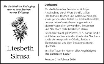 Traueranzeige von Liesbeth Skusa von WVG - Wochenspiegel Dessau / Köthen