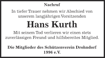 Traueranzeige von Hans Kurth von Super Sonntag Aschersleben