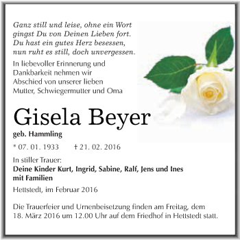 Traueranzeige von Gisela Beyer von Wochenspiegel Mansfelder Land