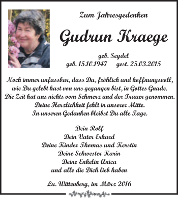 Traueranzeige von Gudrun Kraege von Super Sonntag Wittenberg