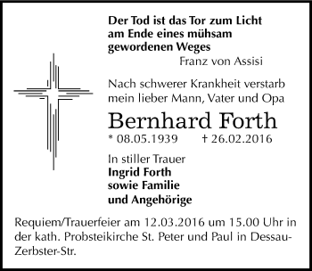 Traueranzeige von Bernhard Forth von Mitteldeutsche Zeitung Dessau-Roßlau