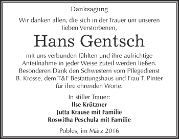 Traueranzeige von Hans Gentsch von WVG - Wochenspiegel NMB / WSF / ZTZ