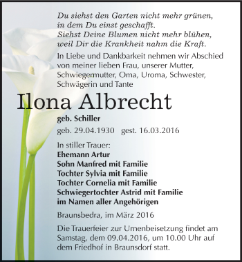 Traueranzeige von Ilona Albrecht von Mitteldeutsche Zeitung Merseburg/Querfurt