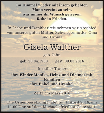 Traueranzeige von Gisela Walther von Mitteldeutsche Zeitung Zeitz