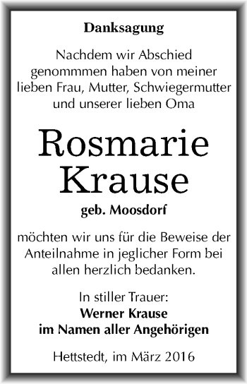 Traueranzeige von Rosmarie Krause von Mitteldeutsche Zeitung Mansfelder Land