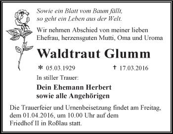 Traueranzeige von Waldtraut Glumm von WVG - Wochenspiegel Dessau / Köthen
