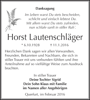 Traueranzeige von Horst Lautenschläger von WVG - Wochenspiegel Merseburg