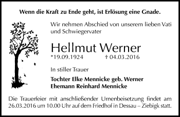 Traueranzeige von Hellmut Werner von Mitteldeutsche Zeitung Dessau-Roßlau