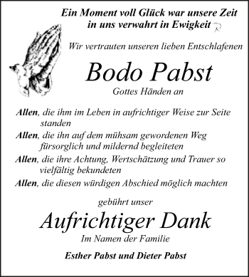 Traueranzeige von Bodo Pabst von WVG - Wochenspiegel Dessau / Köthen