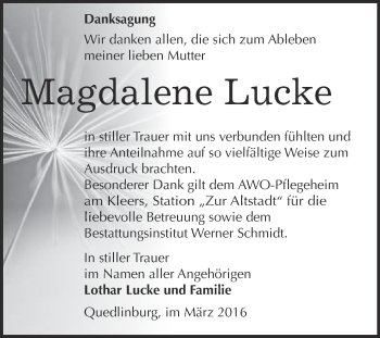Traueranzeige von Magdalene Lucke von WVG - Wochenspiegel Quedlinburg