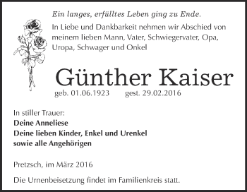 Traueranzeige von Günther Kaiser von Super Sonntag Wittenberg