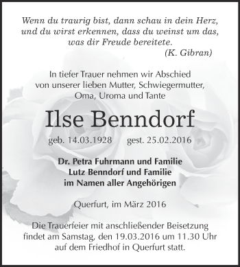Traueranzeige von Ilse Benndorf von WVG - Wochenspiegel Merseburg