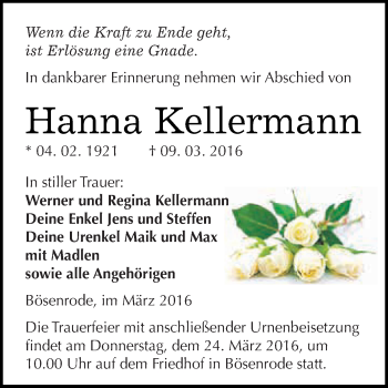 Traueranzeige von Hanna Kellermann von Super Sonntag SGH Mansf. Land