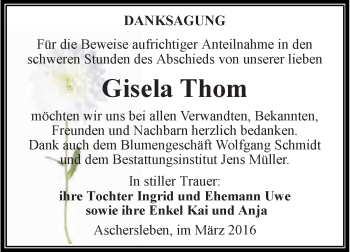 Traueranzeige von Gisela Thom von Super Sonntag Aschersleben