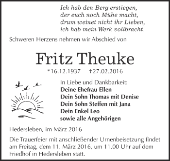 Traueranzeige von Fritz Theuke von WVG - Wochenspiegel Quedlinburg