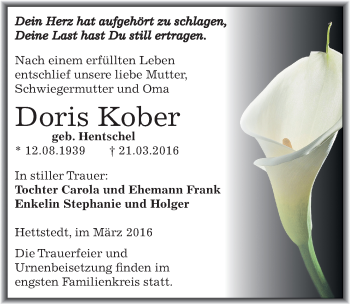 Traueranzeige von Doris Kober von Mitteldeutsche Zeitung Mansfelder Land