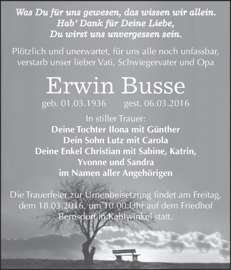  Traueranzeige für Erwin Busse vom 16.03.2016 aus WVG - Wochenspiegel NMB / WSF / ZTZ