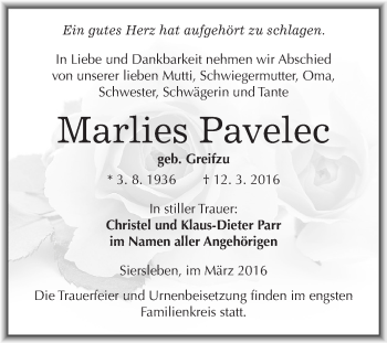 Traueranzeige von Marlies Pavelec von Wochenspiegel Mansfelder Land