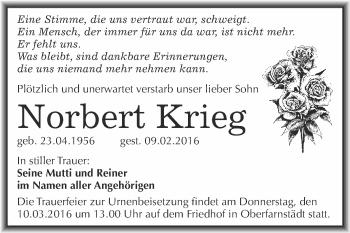 Traueranzeige von Norbert Krie von WVG - Wochenspiegel Merseburg
