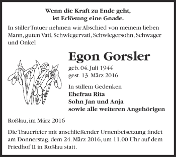 Traueranzeige von Egon Gorsler von WVG - Wochenspiegel Dessau / Köthen