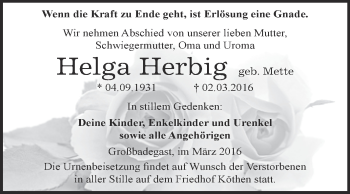 Traueranzeige von Helga Herbig von WVG - Wochenspiegel Dessau / Köthen