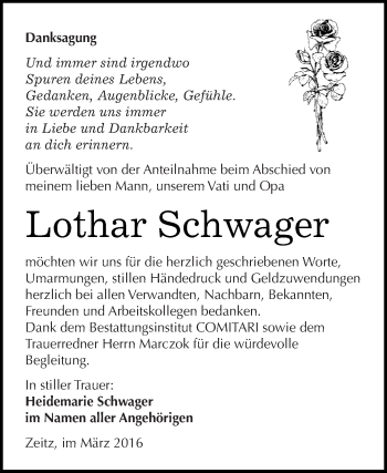 Traueranzeige von Lothar Schwager von Super Sonntag Zeitz